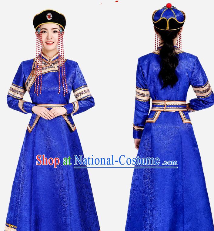 China Mongol Minority Fashion Woman Folk Dance Clothing Mongolian Nationality Performance Costume Ethnic Blue Brocade Dress