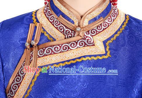 China Mongol Minority Fashion Woman Folk Dance Clothing Mongolian Nationality Performance Costume Ethnic Blue Brocade Dress