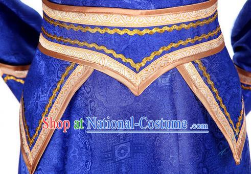 China Mongol Minority Fashion Woman Folk Dance Clothing Mongolian Nationality Performance Costume Ethnic Blue Brocade Dress