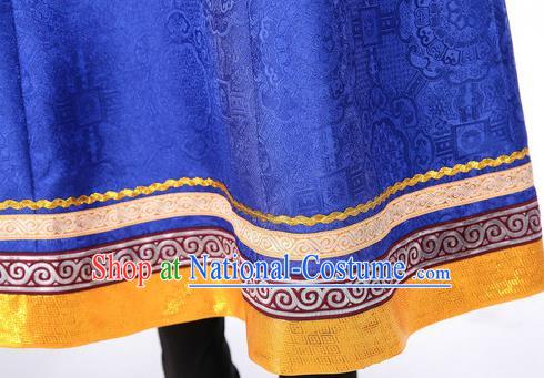 China Mongol Minority Fashion Woman Folk Dance Clothing Mongolian Nationality Performance Costume Ethnic Blue Brocade Dress