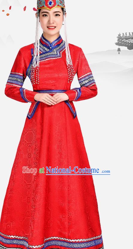 China Ethnic Red Brocade Dress Mongol Minority Fashion Woman Folk Dance Clothing Mongolian Nationality Performance Costume