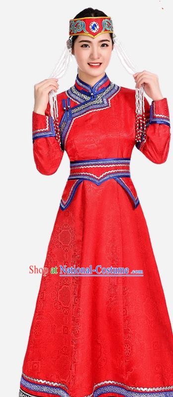 China Ethnic Red Brocade Dress Mongol Minority Fashion Woman Folk Dance Clothing Mongolian Nationality Performance Costume