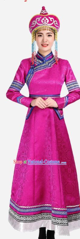 China Mongol Minority Dance Fashion Folk Dance Clothing Mongolian Nationality Woman Informal Costume Ethnic Performance Purple Brocade Dress