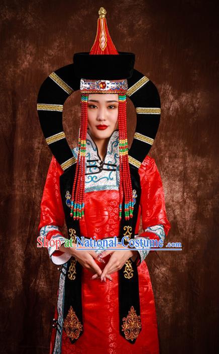 China Mongol Nationality Wedding Headwear Handmade Ethnic Bride Red Hat Mongolian Nationality Festival Headdress