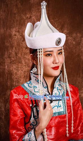 China Handmade Ethnic Bride Tassel White Hat Mongolian Nationality Festival Headdress Mongol Nationality Wedding Headwear