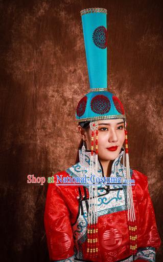 China Mongol Nationality Festival Headwear Handmade Ethnic Wedding Bride Blue Hat Mongolian Nationality Performance Headdress