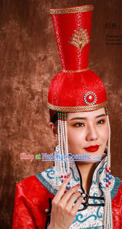 China Handmade Ethnic Wedding Bride Tassel Red Hat Mongolian Nationality Performance Headdress Mongol Nationality Festival Headwear