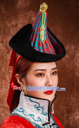 China Mongolian Nationality Performance Headdress Mongol Nationality Folk Dance Headwear Handmade Ethnic Woman Winter Red Hat