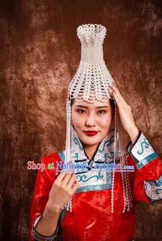 China Handmade Ethnic Woman White Beads Hat Mongolian Nationality Bride Headdress Mongol Nationality Folk Dance Hair Accessories