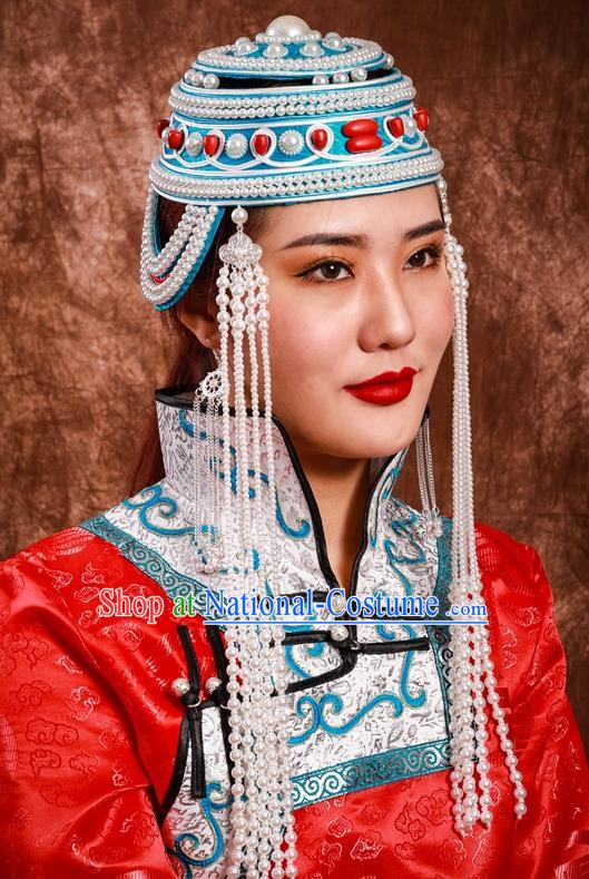 China Mongolian Nationality Bride Headband Mongol Nationality Folk Dance Hair Accessories Handmade Ethnic Woman Beads Tassel Blue Hat