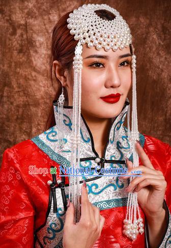 China Handmade Ethnic Woman Beads Tassel Hat Mongolian Nationality Bride Hair Crown Mongol Nationality Folk Dance Hair Accessories