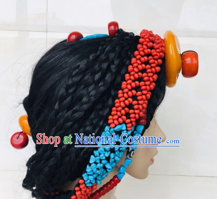 China Tibetan Minority Wedding Braids Hairpieces Xizang Ethnic Bride Beeswax Headdress Zang Nationality Folk Dance Hair Accessories