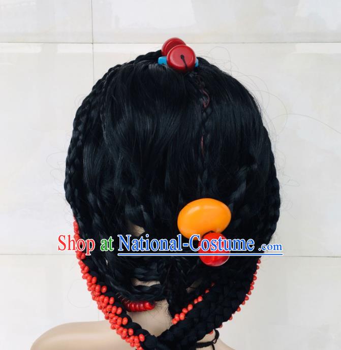 China Tibetan Minority Wedding Braids Hairpieces Xizang Ethnic Bride Beeswax Headdress Zang Nationality Folk Dance Hair Accessories