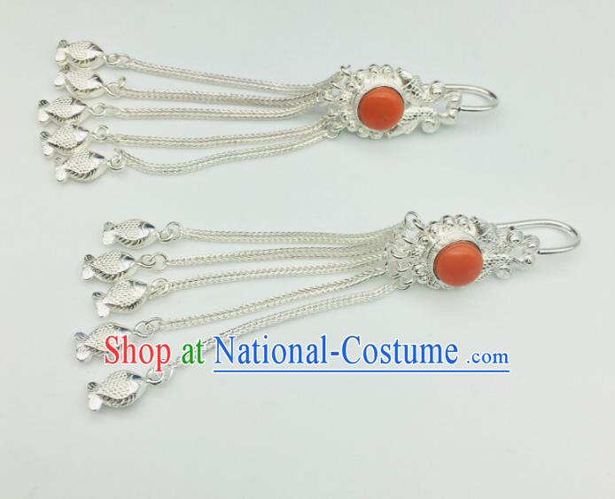 Chinese Traditional Tibetan Nationality Silver Tassel Earrings Zang Minority Festival Ear Jewelry Classical Dance Ear Accessories