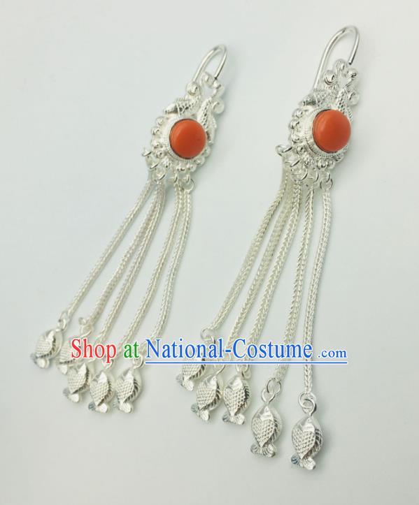 Chinese Traditional Tibetan Nationality Silver Tassel Earrings Zang Minority Festival Ear Jewelry Classical Dance Ear Accessories