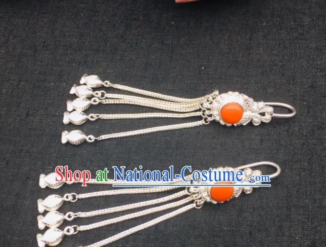 Chinese Traditional Tibetan Nationality Silver Tassel Earrings Zang Minority Festival Ear Jewelry Classical Dance Ear Accessories