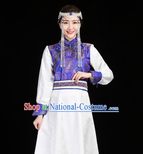 China Mongol Minority Woman Dance Fashion Stage Performance Clothing Mongolian Nationality Informal Costume Ethnic White Brocade Dress