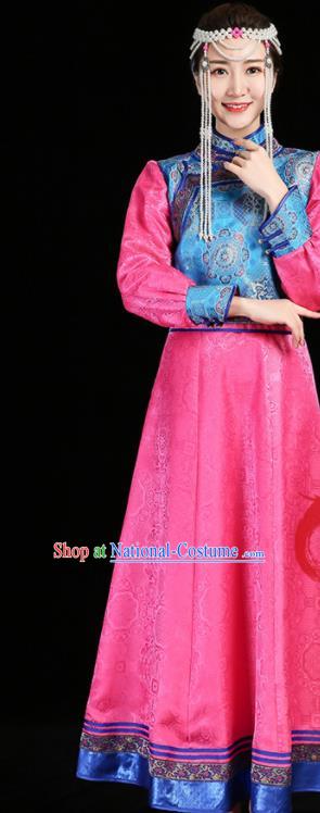 China Mongolian Nationality Informal Costume Ethnic Pink Brocade Dress Mongol Minority Woman Dance Fashion Stage Performance Clothing