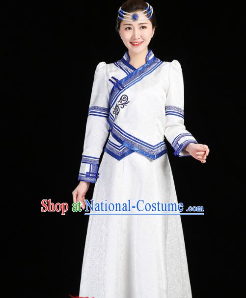 China Mongolian Performance Clothing Moggol Nationality Female Informal Costume Ethnic Folk Dance White Dress Mongol Minority Fashion