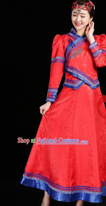 China Ethnic Folk Dance Red Dress Mongol Minority Fashion Mongolian Performance Clothing Moggol Nationality Female Informal Costume