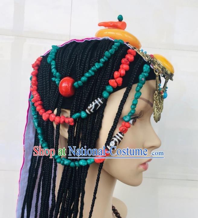 China Xizang Ethnic Festival Beeswax Headdress Zang Nationality Folk Dance Hair Accessories Tibetan Minority Wedding Braids Hairpieces