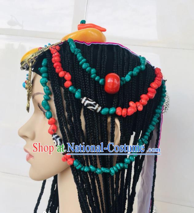 China Xizang Ethnic Festival Beeswax Headdress Zang Nationality Folk Dance Hair Accessories Tibetan Minority Wedding Braids Hairpieces