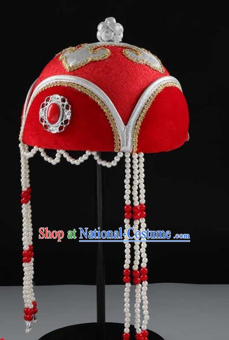 China Mongol Nationality Girl Dance Headwear Handmade Ethnic Children Performance Red Hat Mongolian Nationality Hair Accessories