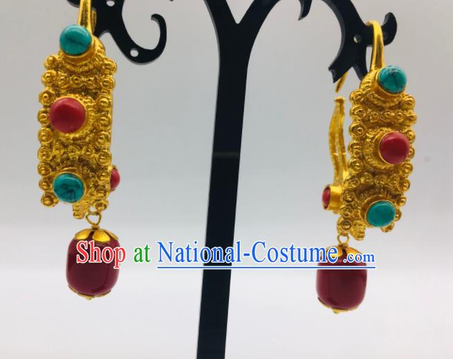 Chinese Classical Dance Golden Ear Accessories Traditional Tibetan Nationality Earrings Zang Minority Festival Ear Jewelry