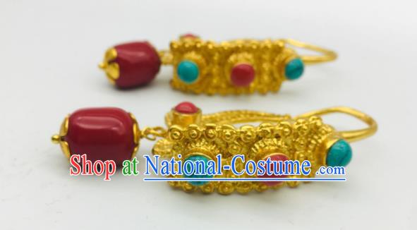 Chinese Classical Dance Golden Ear Accessories Traditional Tibetan Nationality Earrings Zang Minority Festival Ear Jewelry