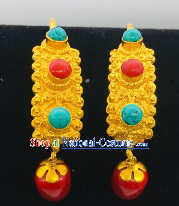 Chinese Classical Dance Golden Ear Accessories Traditional Tibetan Nationality Earrings Zang Minority Festival Ear Jewelry