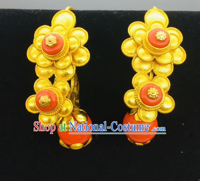 Chinese Zang Minority Wedding Ear Jewelry Classical Dance Golden Ear Accessories Traditional Tibetan Nationality Festival Earrings