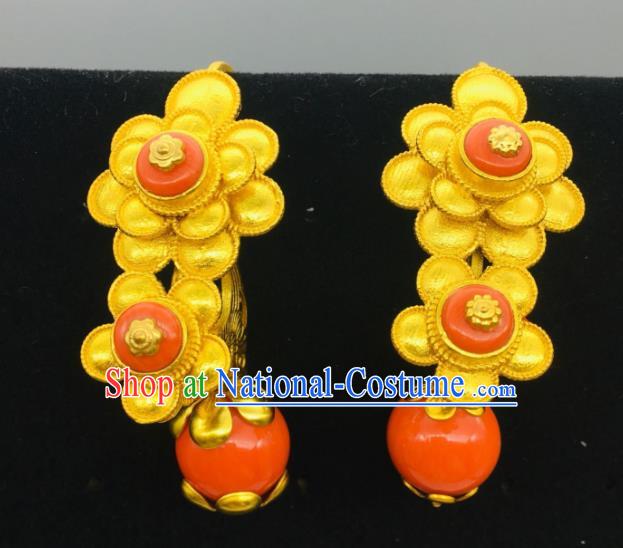 Chinese Zang Minority Wedding Ear Jewelry Classical Dance Golden Ear Accessories Traditional Tibetan Nationality Festival Earrings