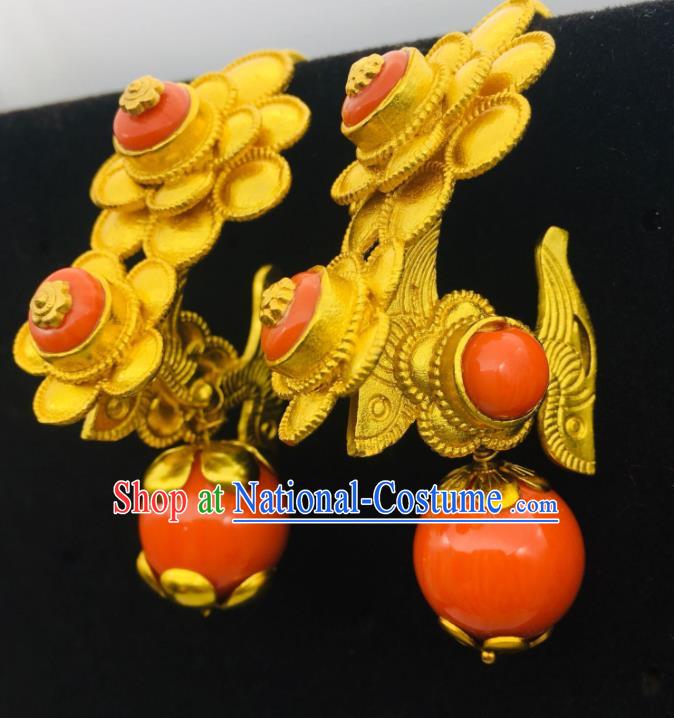 Chinese Zang Minority Wedding Ear Jewelry Classical Dance Golden Ear Accessories Traditional Tibetan Nationality Festival Earrings