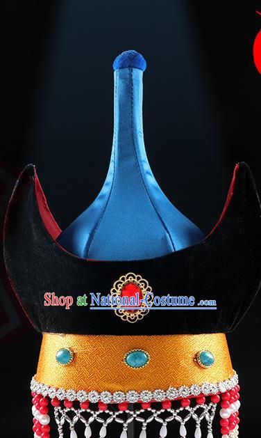 China Mongolian Nationality Female Hair Accessories Mongol Nationality Performance Headwear Handmade Ethnic Festival Blue Satin Bull Horn Hat