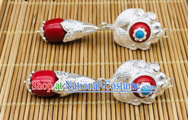 Chinese Classical Dance Silver Ear Accessories Traditional Tibetan Nationality Festival Earrings Zang Minority Wedding Bride Ear Jewelry