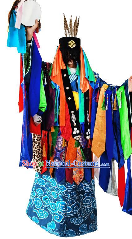 Chinese Traditional Cosplay Shaman Wizard Deep Blue Robe Mongol Minority Ceremony Performance Apparels Mongolian Ethnic Religious Rites Clothing and Headwear