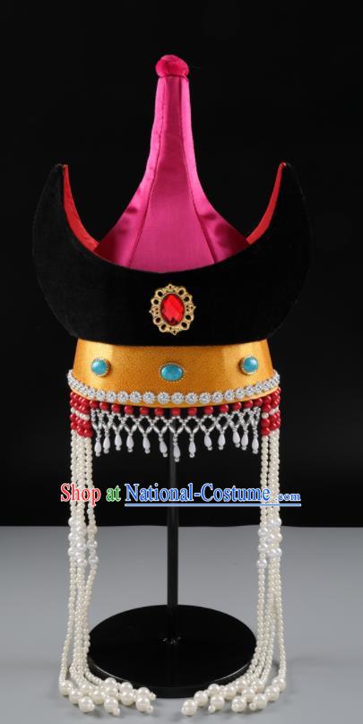 China Mongol Nationality Performance Headwear Handmade Ethnic Festival Rosy Satin Bull Horn Hat Mongolian Nationality Female Hair Accessories