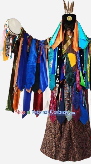 Chinese Mongol Minority Religious Ceremony Apparels Mongolian Ethnic Fiesta Clothing Traditional Shaman Performance Brown Robe and Hat