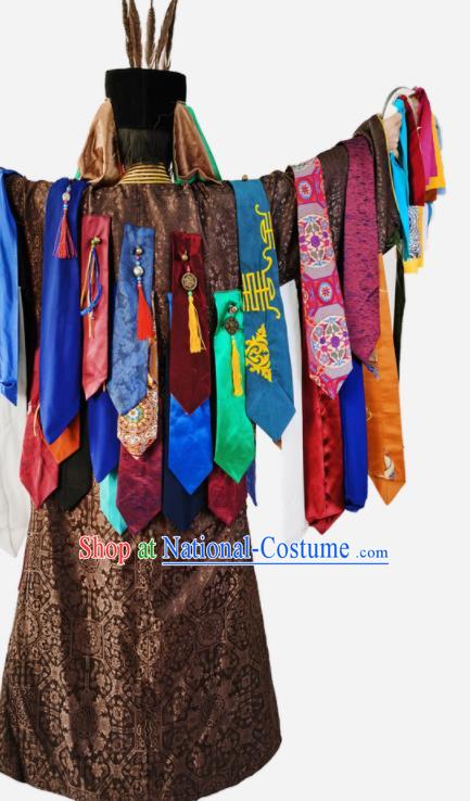 Chinese Mongol Minority Religious Ceremony Apparels Mongolian Ethnic Fiesta Clothing Traditional Shaman Performance Brown Robe and Hat