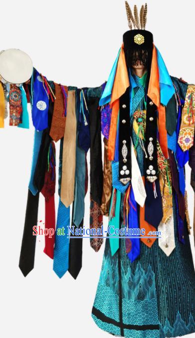 Chinese Traditional Shaman Performance Blue Robe Outfits Mongol Minority Religious Ceremony Apparels Mongolian Ethnic Fiesta Clothing and Headpieces