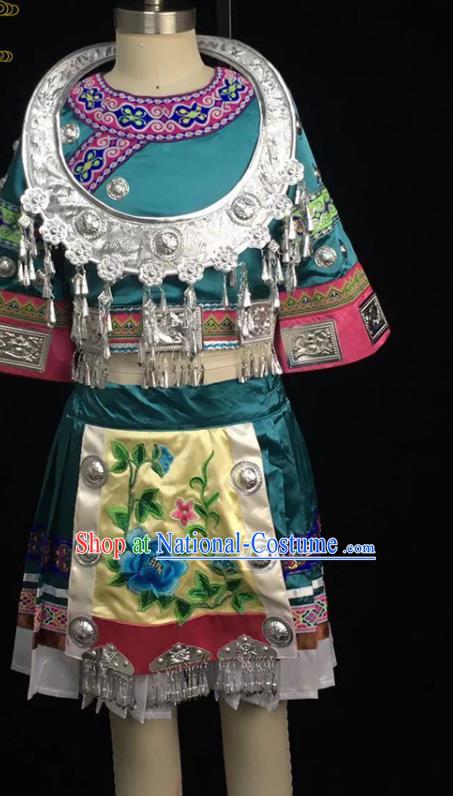 Chinese Ethnic Girl Dance Costumes Miao Nationality Stage Performance Green Dress Outfits Hmong Minority Children Folk Dance Clothing