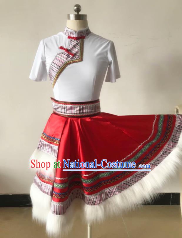 Chinese Zang Minority Children Folk Dance Clothing Ethnic Girl Dance Costumes Tibetan Nationality Stage Performance Dress Outfits