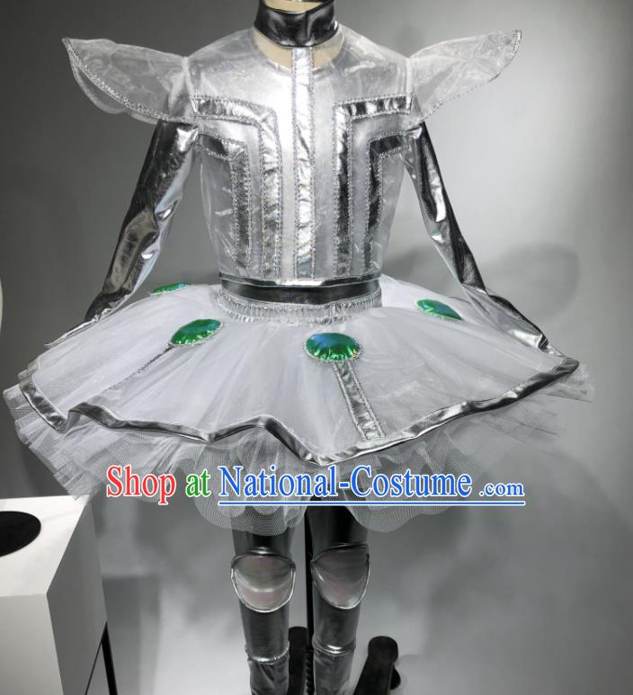 Professional Children Dance Competition Clothing Girl Dancewear Modern Dance Garment Costume Robot Dance White Veil Dress