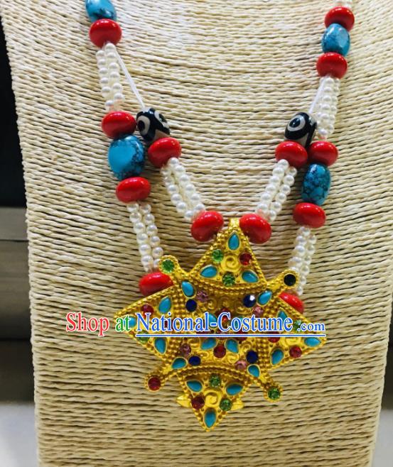 Chinese Zang Minority Wedding Necklace Jewelry Folk Dance Necklet Accessories Traditional Tibetan Nationality Festival Pendant