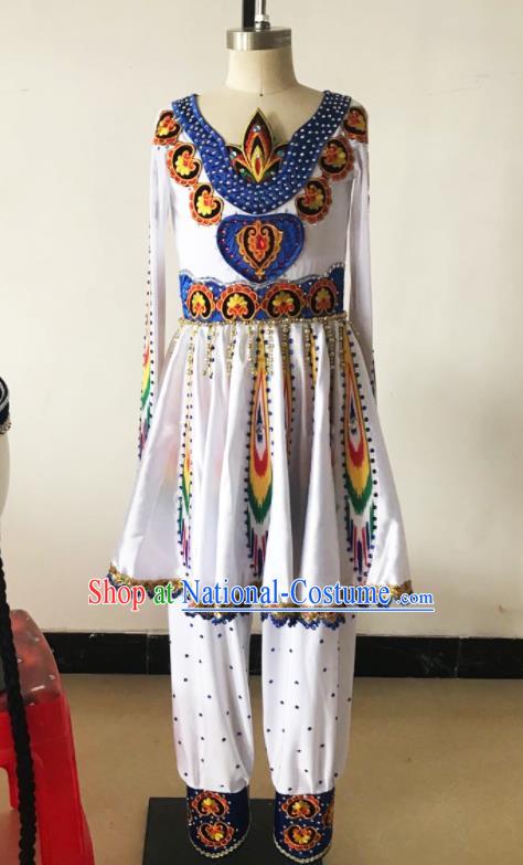 Chinese Xinjiang Ethnic Girl Dance Costumes Uyghur Nationality Stage Performance White Dress Outfits Uighur Minority Folk Dance Clothing