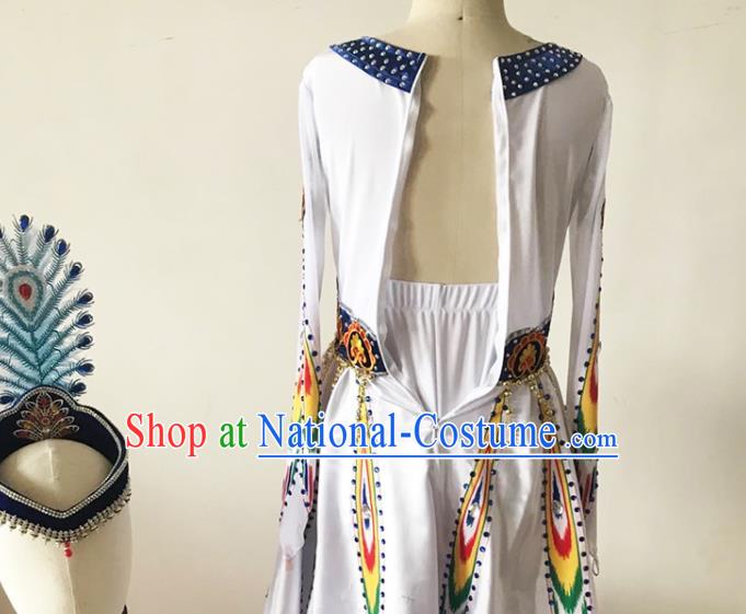 Chinese Xinjiang Ethnic Girl Dance Costumes Uyghur Nationality Stage Performance White Dress Outfits Uighur Minority Folk Dance Clothing