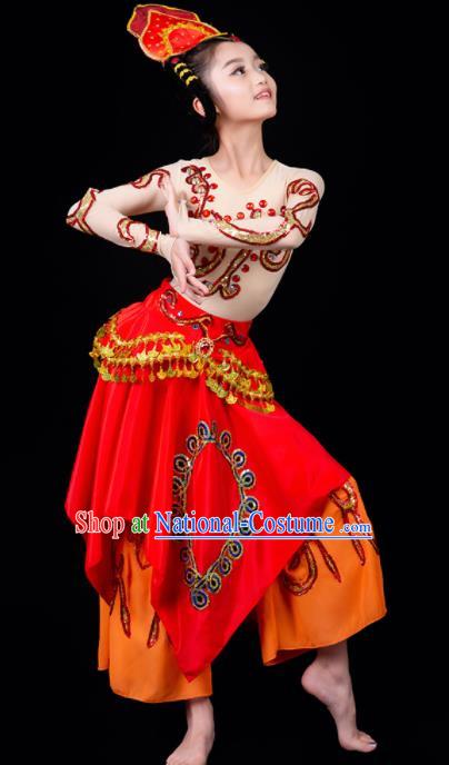 China Children Flying Apsaras Dance Dress Drum Dance Red Outfits Girl Performance Clothing Classical Dance Garment Costumes