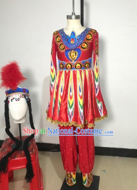 Chinese Uighur Minority Folk Dance Clothing Xinjiang Ethnic Girl Dance Costumes Uyghur Nationality Stage Performance Red Dress Outfits