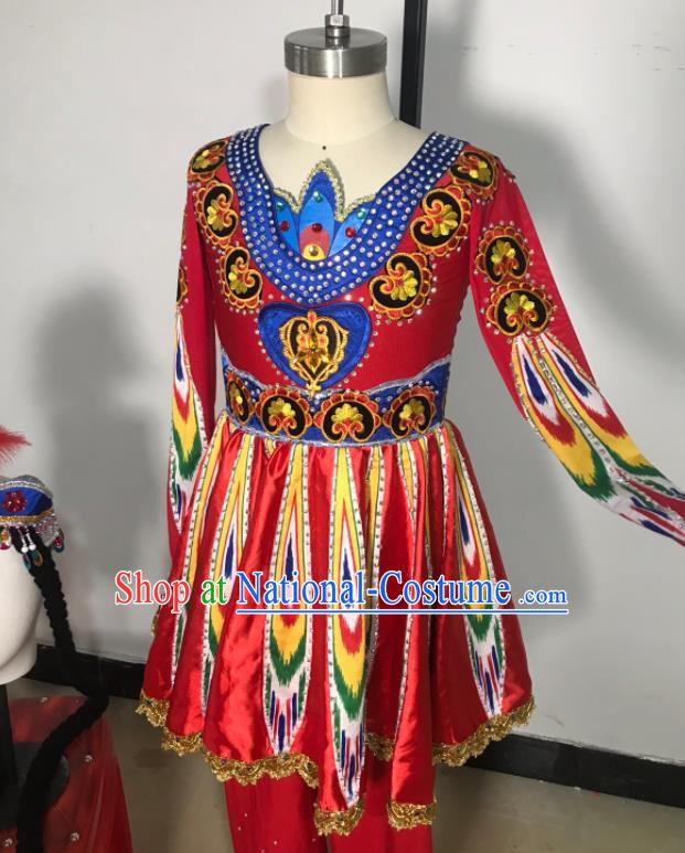 Chinese Uighur Minority Folk Dance Clothing Xinjiang Ethnic Girl Dance Costumes Uyghur Nationality Stage Performance Red Dress Outfits