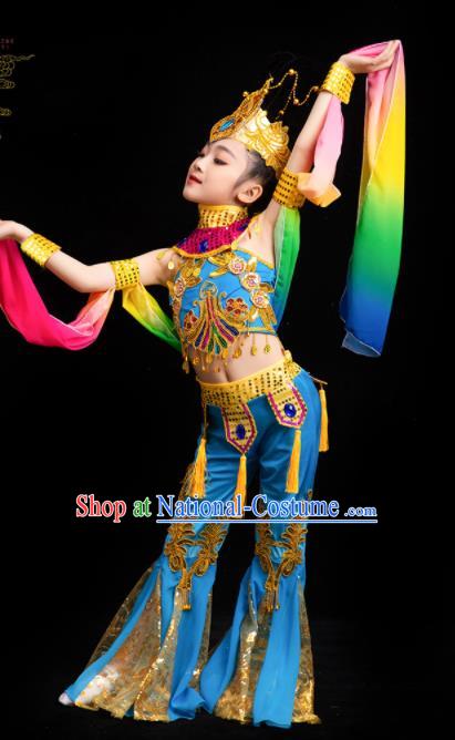 China Children Flying Apsaras Dance Blue Outfits Girl Performance Clothing Classical Dance Garment Costumes Fairy Dance Dress